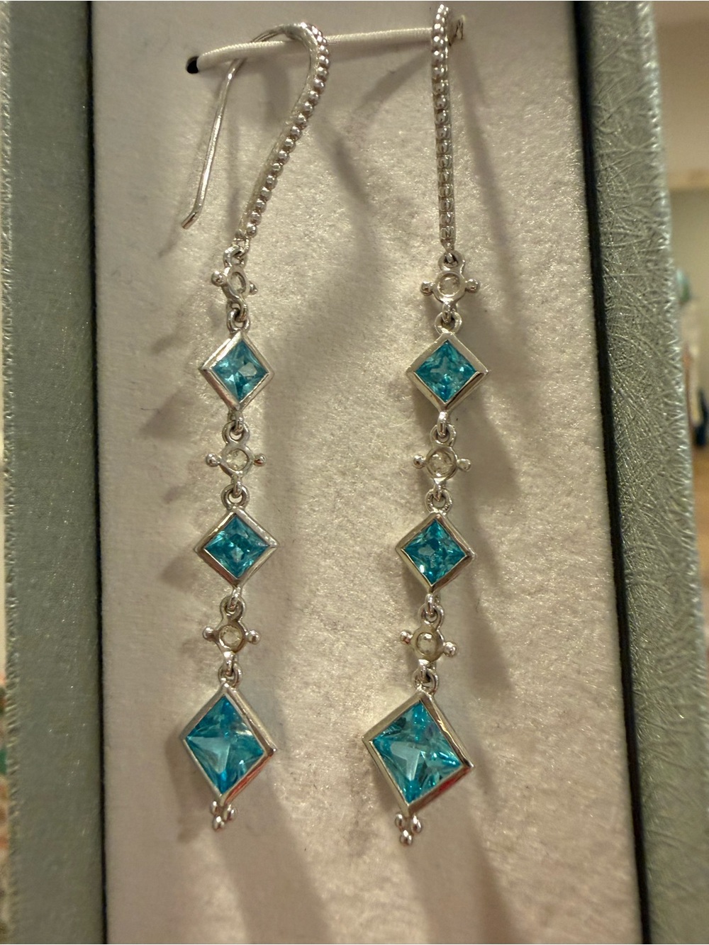 Judith Ripka Silver Drop Earrings with Teal-Blue Stones - Picture 2 of 3